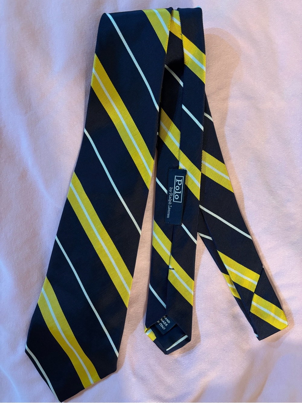 Polo- Ralph Lauren Navy, Yellow & White Diagonal Stripe Silk Tie Hand as